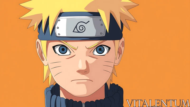 Blond ninja portrait with headband on flat orange ground.