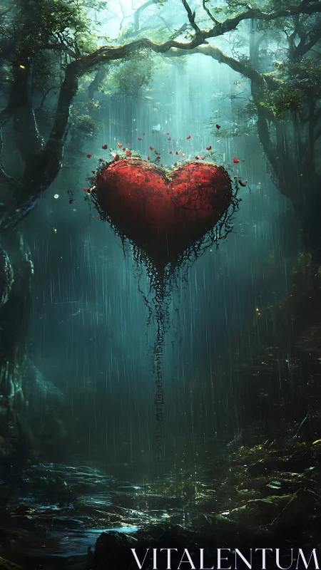 Red Heart Suspended in Misty Forest Landscape.