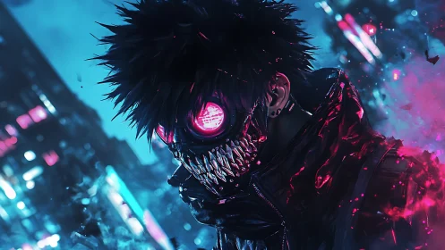 Neon-masked cyberpunk antihero prowls a fractured city night