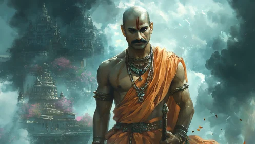 Warrior monk in orange robes before misty temple city.