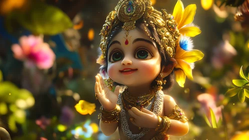 Divine child deity portrait in jeweled garlanded flora glow.