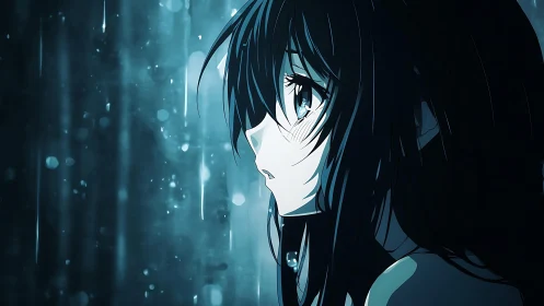 Rainlit gaze drifts through neon blue memories at midnight