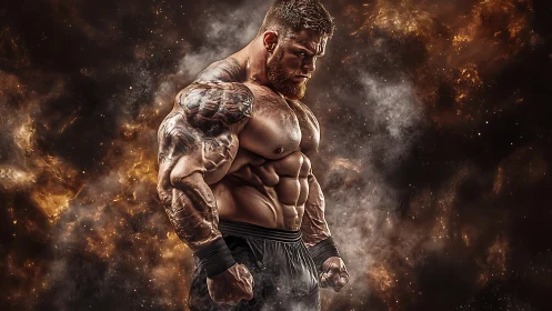Hyper-defined muscular bodybuilder against fiery smoke backdrop