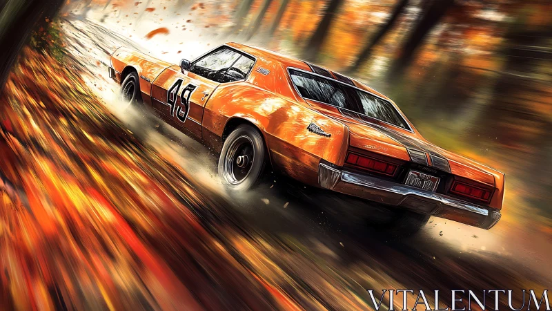 Vintage orange muscle car drifts through autumn forest with motion blur