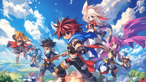 Dynamic anime hero party in aerial battle formation composition.