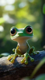 Bright eyed tree frog resting on a sunlit forest branch.