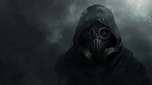 Hooded gas-mask drifter stalking the stormlit wasteland.
