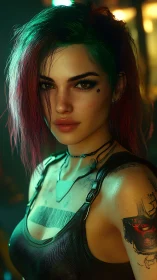 Cyberpunk portrait of neon-lit hacker girl with tattoos and scars