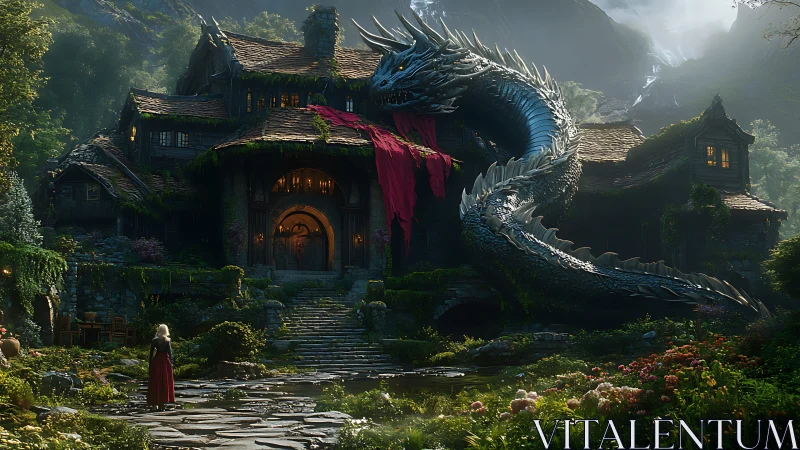 Massive silver dragon coiled around ivy-covered manor