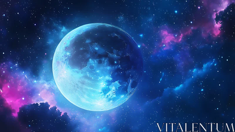Moonlit blue planet glows gently in a dreamy starry sky