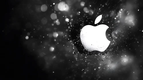 Monochrome particulate splash surrounding luminous apple emblem.