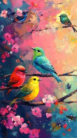 Small chromatic songbirds rehearse dawn on painted blossoms
