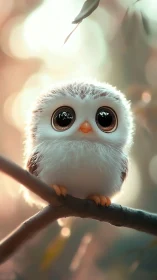 Small stylized owl perched on branch in soft forest light.