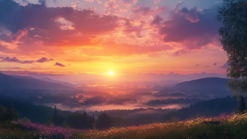 Sunrise over misty valley with vivid floral foreground.