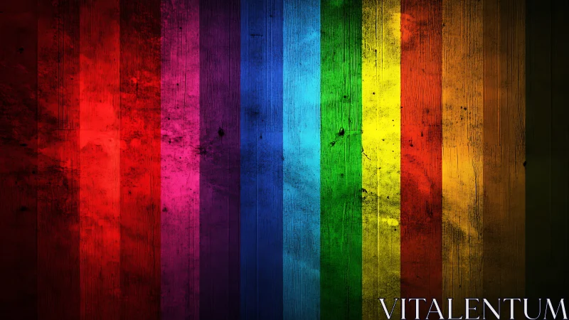 Weathered rainbow wood planks radiate saturated color bands.