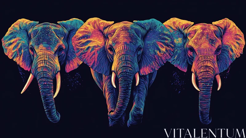 Three neon colored elephant heads aligned on black background
