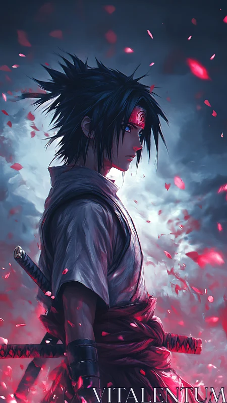 Side-lit anime swordsman amid crimson petals and storm sky