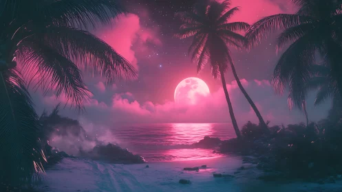 Pink Moon Beach Paradise Neon Twilight.