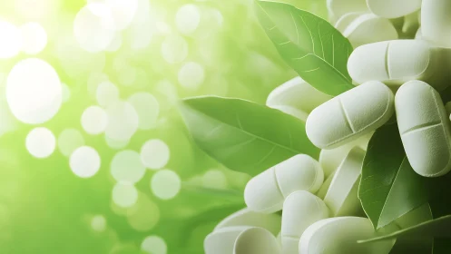 White dietary supplement tablets on green leaves, natural wellness style.