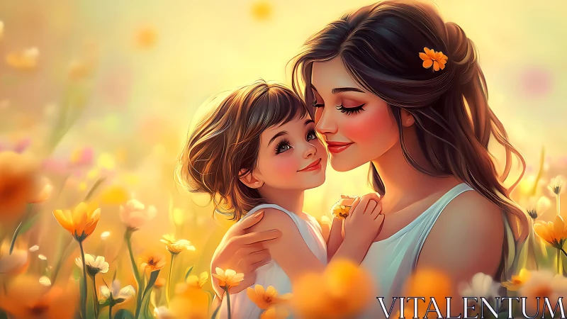 Digital painting of tender mother and child in floral glow.