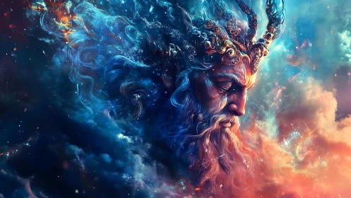 Cosmic godlike profile merges with swirling nebula clouds