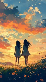 Two girls hold hands in glowing sunset meadow landscape