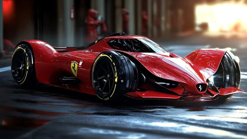 Futuristic red Ferrari concept hypercar on wet pit lane