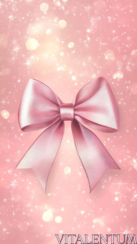 Pink satin bow on sparkling pastel background.