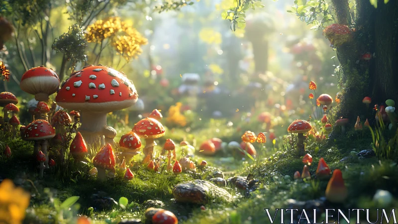 Sunlit forest floor renders dense amanita mushroom colony