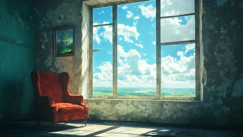 Sunlit red armchair in worn room facing open rural view.