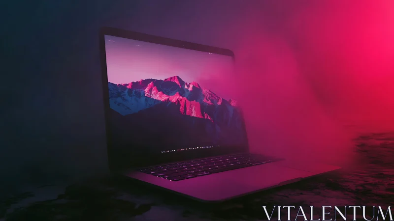 Backlit laptop in magenta fog with mountain landscape display