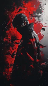 Solitary figure in dark coat against red abstract background.