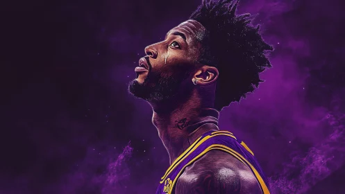 Purple digital portrait of basketball player in profile.