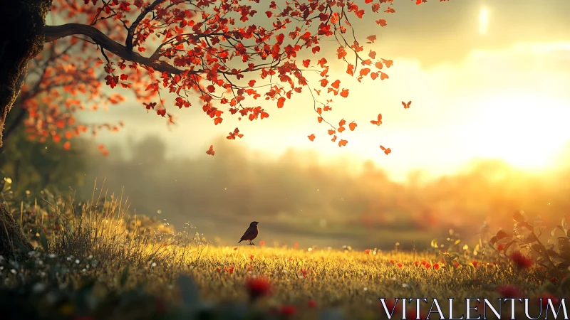 Golden sunrise bathes autumn tree and solitary songbird