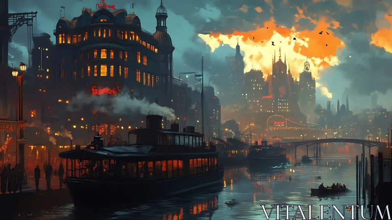 Steam-powered riverfront city at dusk with neon-lit skyline