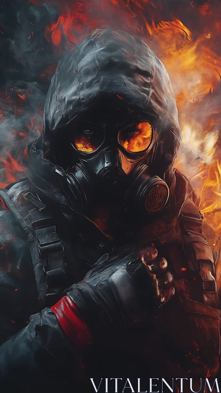 Hooded gasmask soldier stands amid roaring inferno flames.