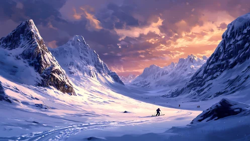 Skier crossing broad snowy valley between steep peaks.