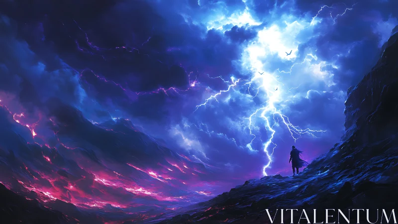 Stormlit wanderer walks beneath a sky of blazing lightning