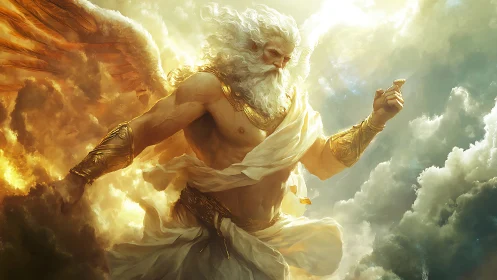 Winged bearded male figure occupies central luminous cloudscape