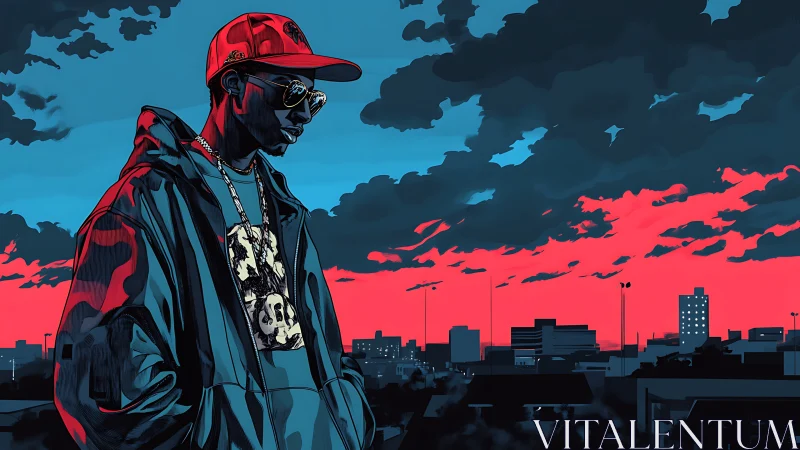 Streetwear figure stands over city at graphic sunset