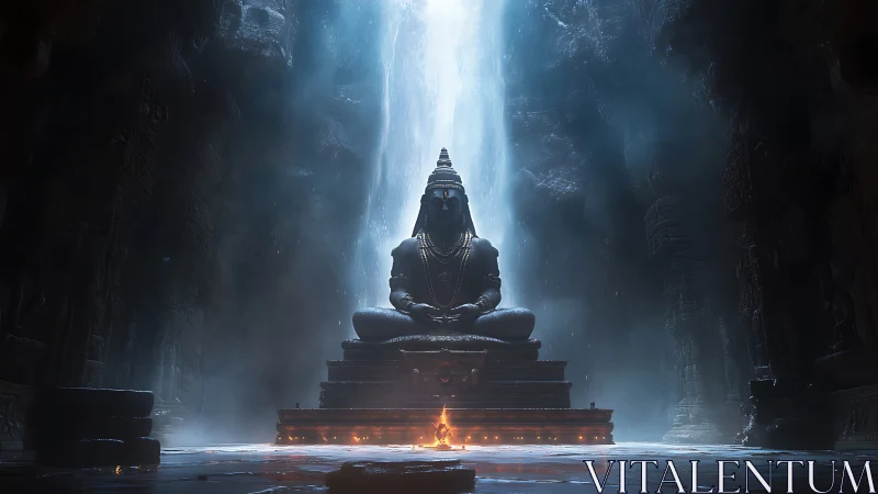 Monolithic stone deity in luminous cavern sanctum interior.