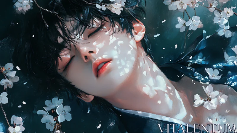 Male portrait immersed in floral bokeh with painterly lighting