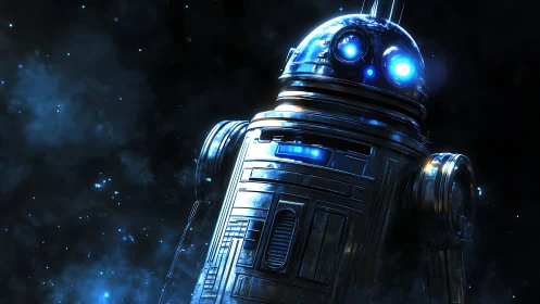 High-contrast 3D droid portrait with luminous nebula backdrop.