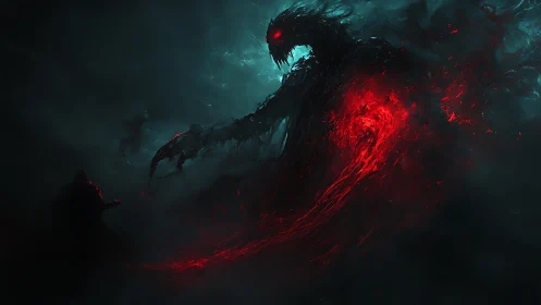 Shadow demon erupts from crimson vortex confronting lone figure
