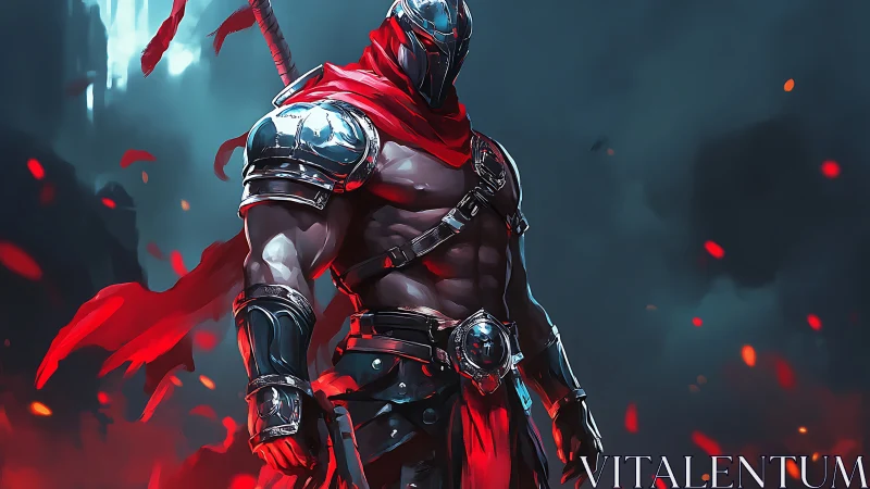 Armored masked warrior stands amid glowing crimson embers