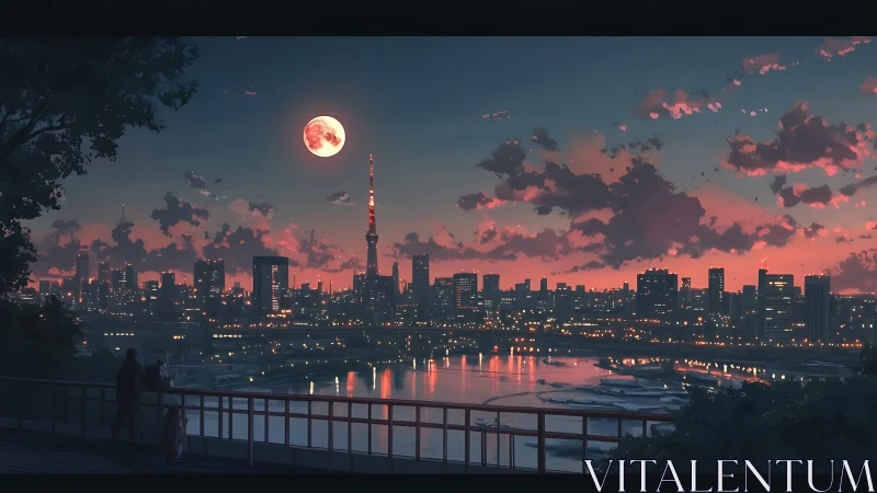 Crimson city skyline under full moonlit river twilight.