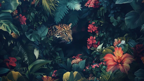 Gentle jungle watcher hidden among lush tropical blossoms.