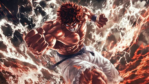 Explosive martial artist launches burning forward punch