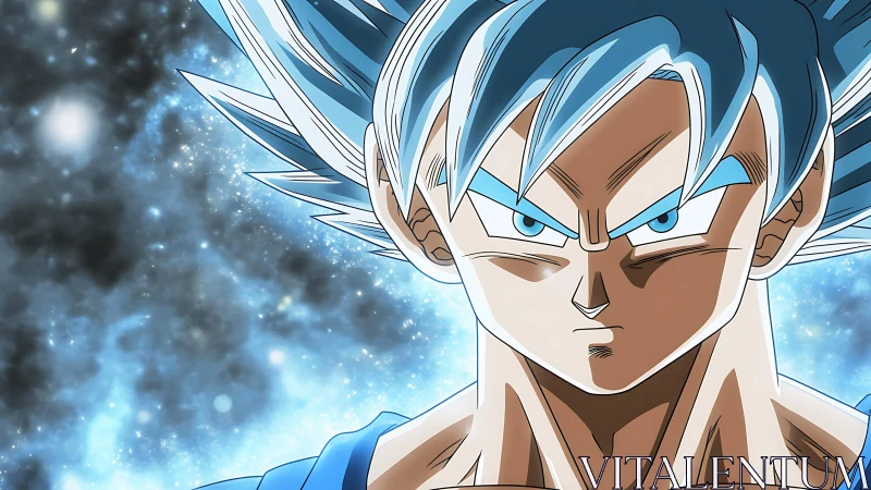 Cosmic-haired warrior standing in a storm of blue light.