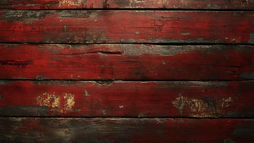 Weathered red wooden planks with peeling aged paint.